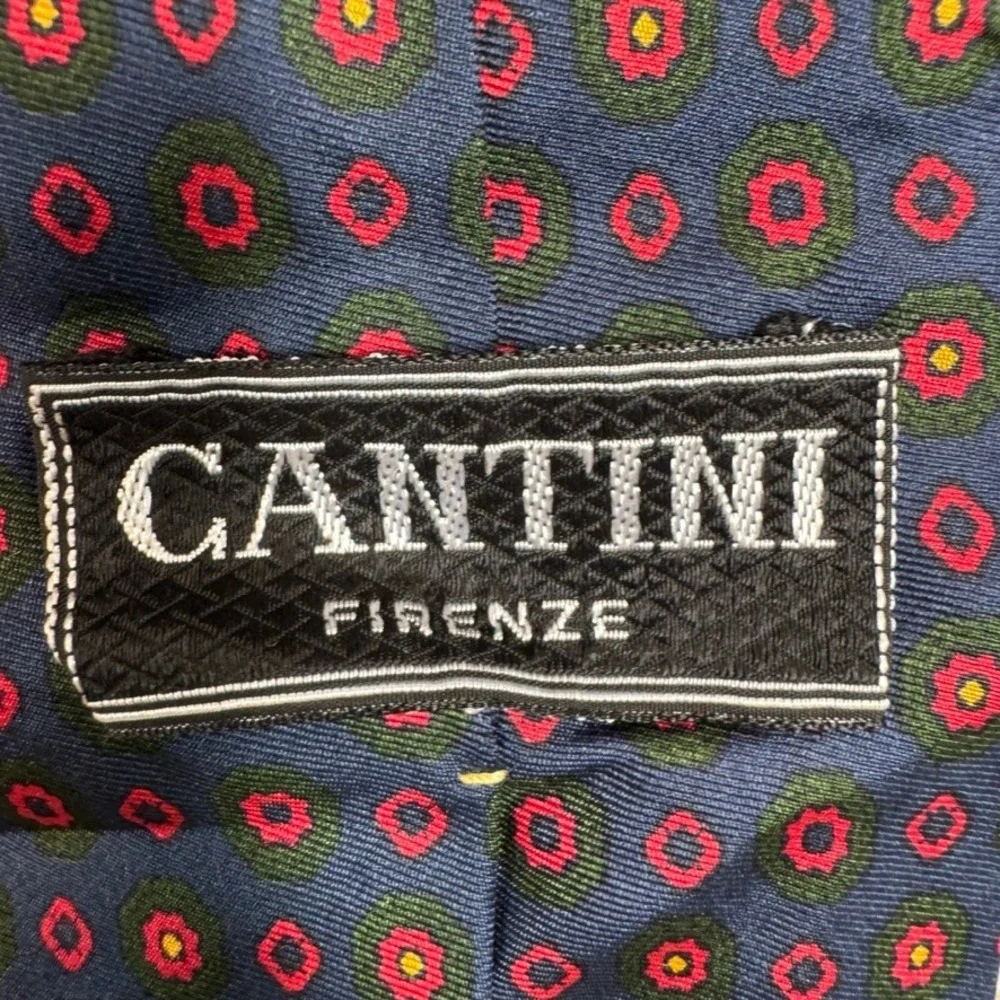 Cantini Firenze Mens Silk Tie Italy Navy Blue Red Green Medallion Geometric 57in